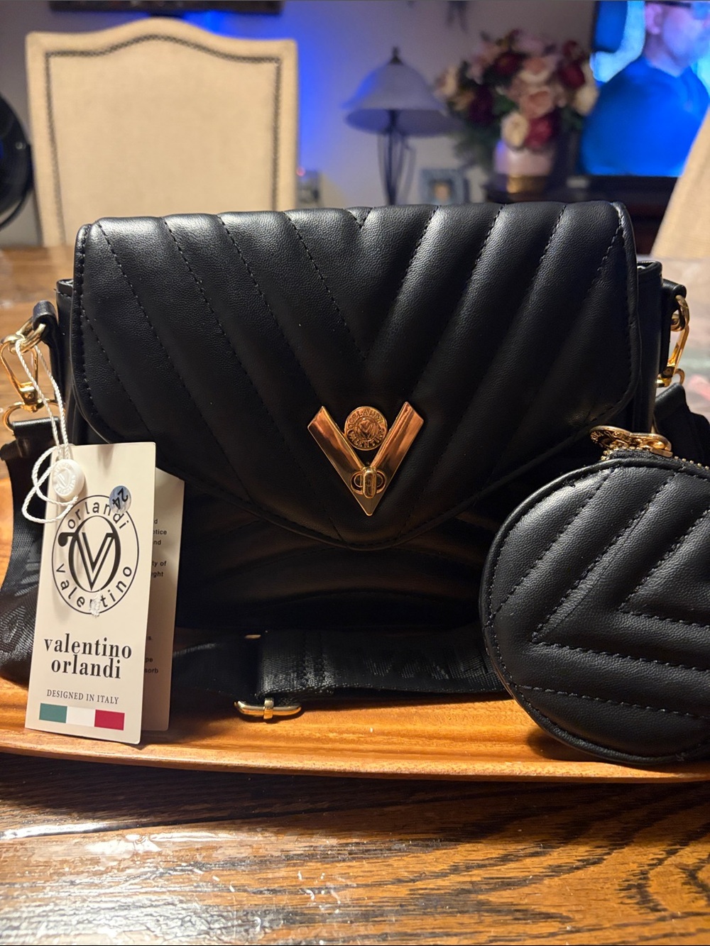 Valentino Orlandi Black Quilted Leather Crossbody with Gold Hardware